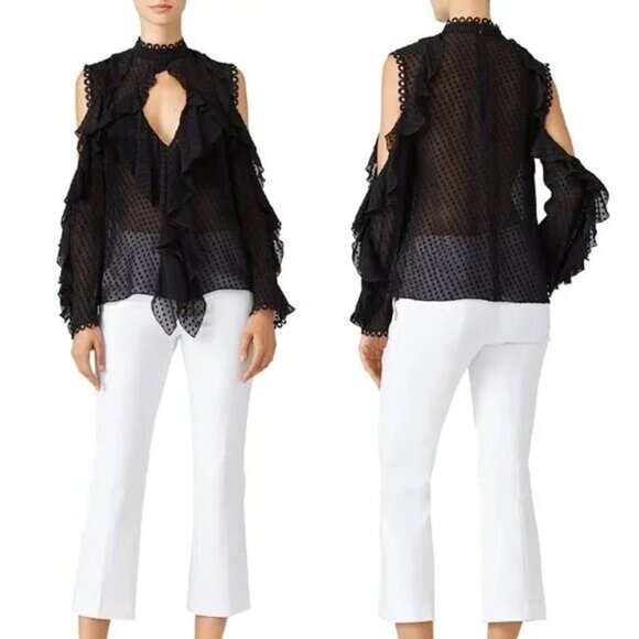 Nicholas Ruffle Trim Cold Shoulder Blouse Sheer Swiss Dot Top Navy Blue Size 6 • - Picture 1 of 7